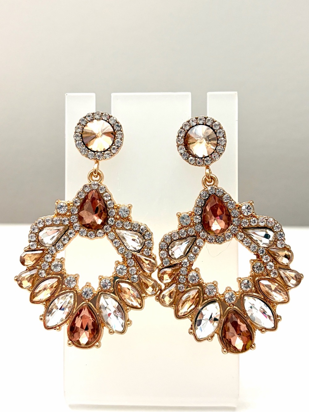 Champagne Crystal Statement Earrings Gold Tone Chandelier Drop Earrings